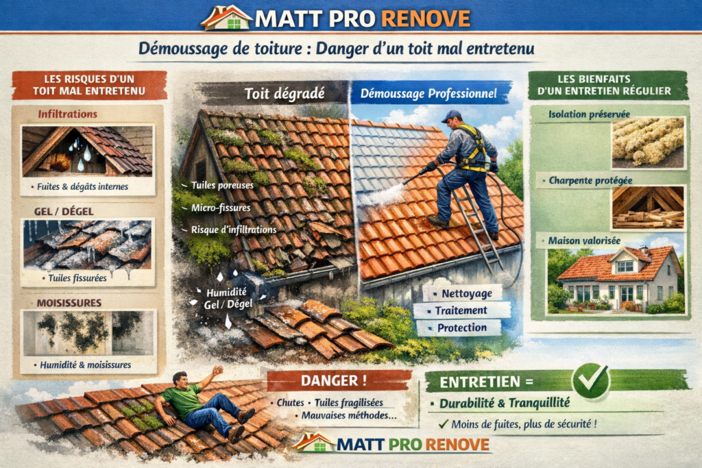 Illustration de l’article : Démoussage de toiture : dangers d’un toit mal entretenu | Nettoyage professionnel