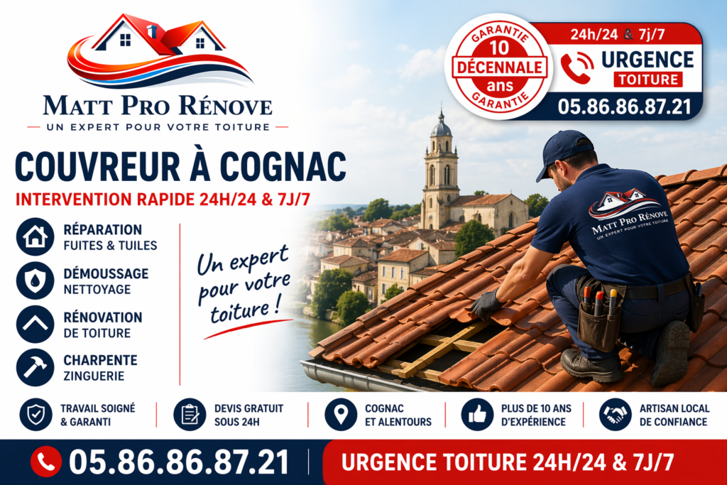 Illustration de l’article : Couvreur Cognac : Réparation Toiture, Fuite & Urgence | Matt Pro Rénove