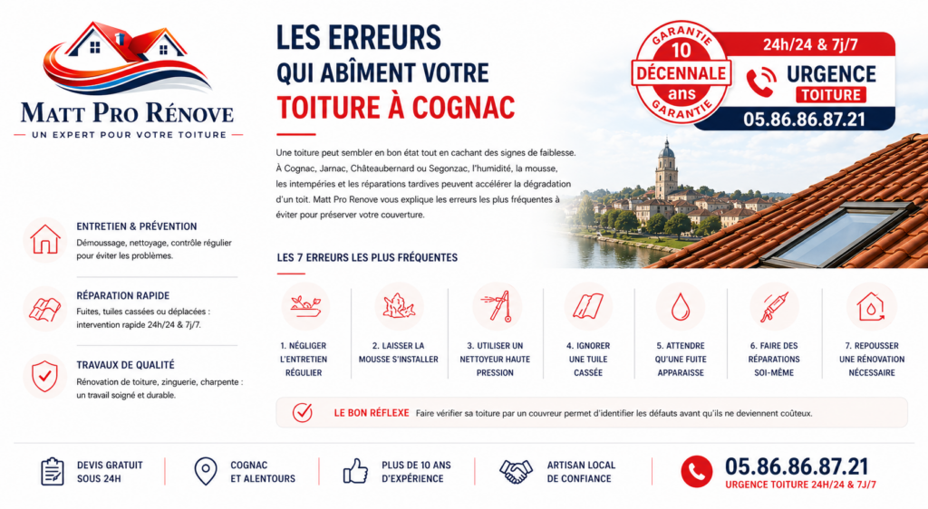 Illustration de l’article : Les erreurs qui abîment votre toiture à Cognac | Matt Pro Rénove